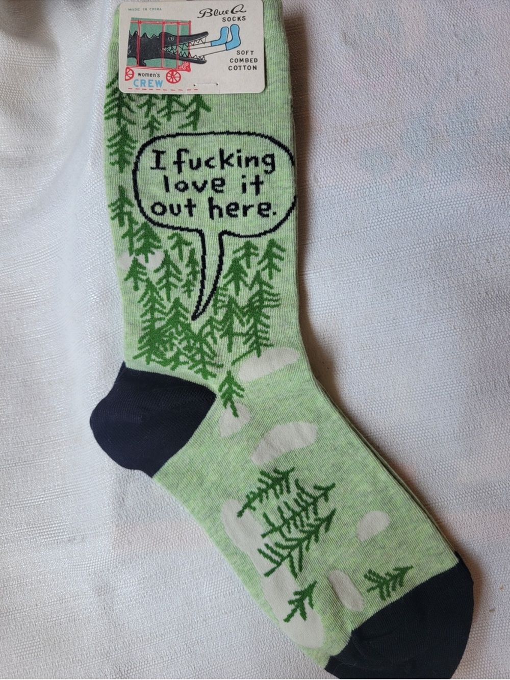 Blue Q Light Green Crew Socks with Black Tree Speech-Bubble Design
